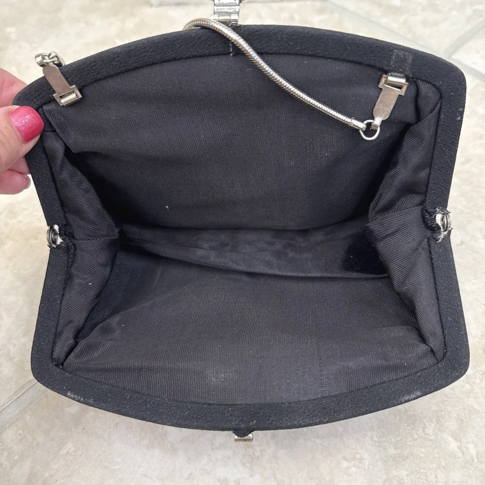 Vintage Black Twill Evening Clutch Bag Silver‎ Rose Clasp Snake Chain Strap